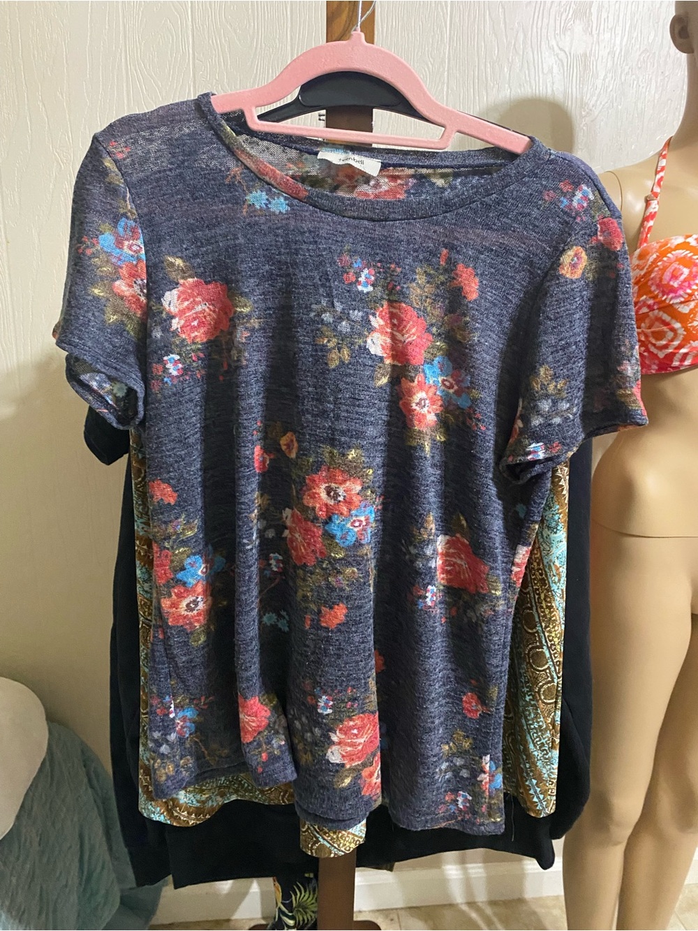 TeenBell Navy Floral Short Sleeve Tee with Pink & Blue Accents